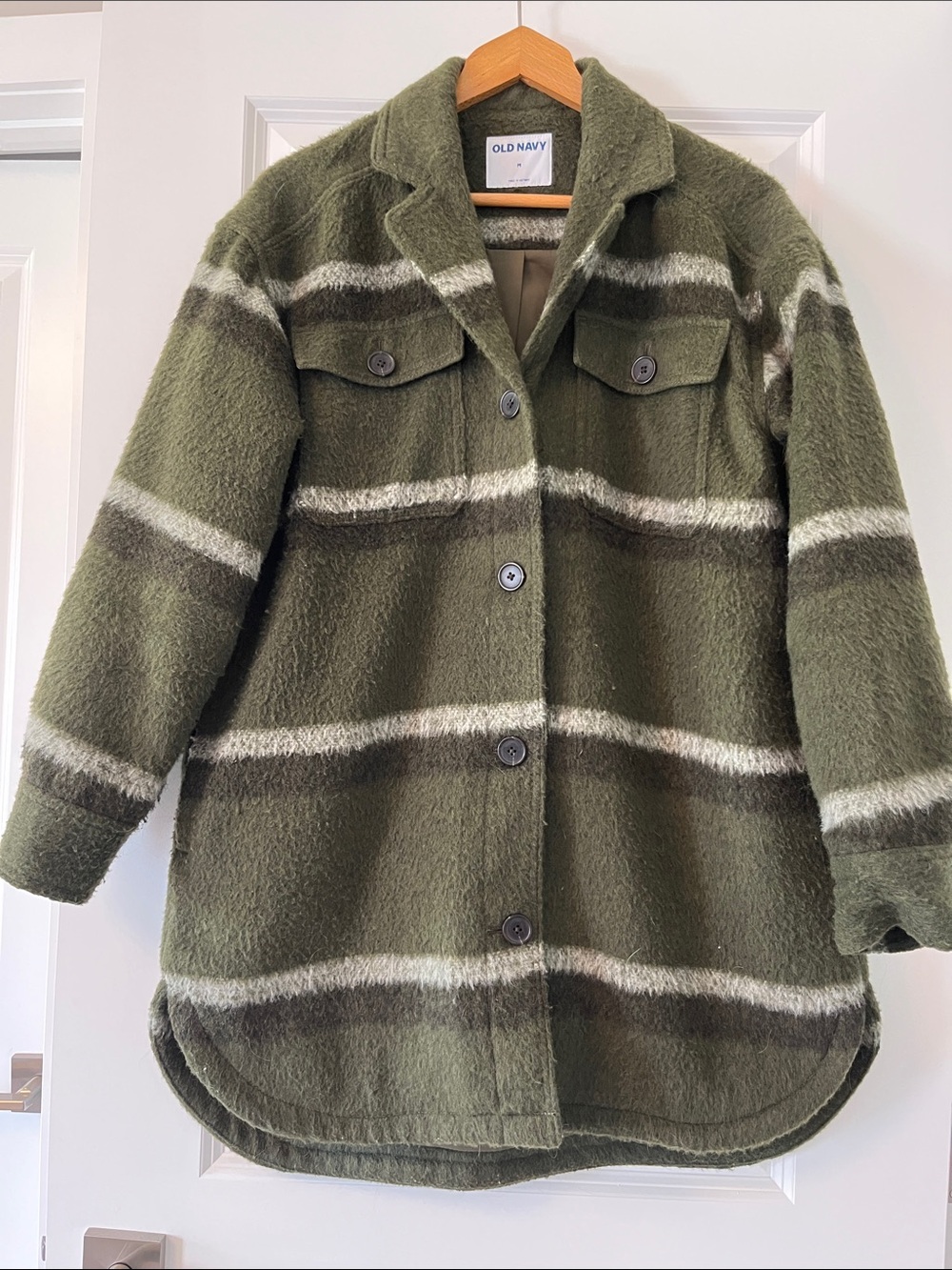 Old Navy Women’s Olive Green Striped Button-Front  Pea Coat